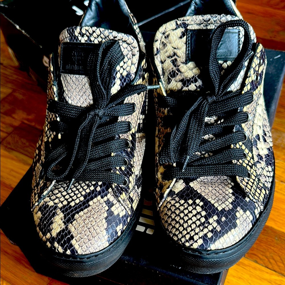 Roberto Cavalli Black and Tan Sneakers with Snakeskin Print